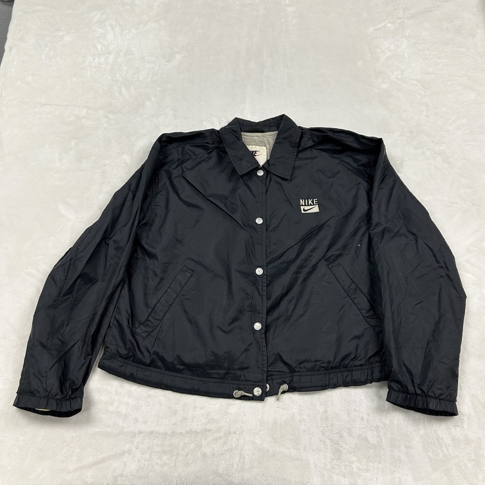 Nike Coaches Jacket Womens Medium Black Vintage Windbreaker Jersey Lined Snap
